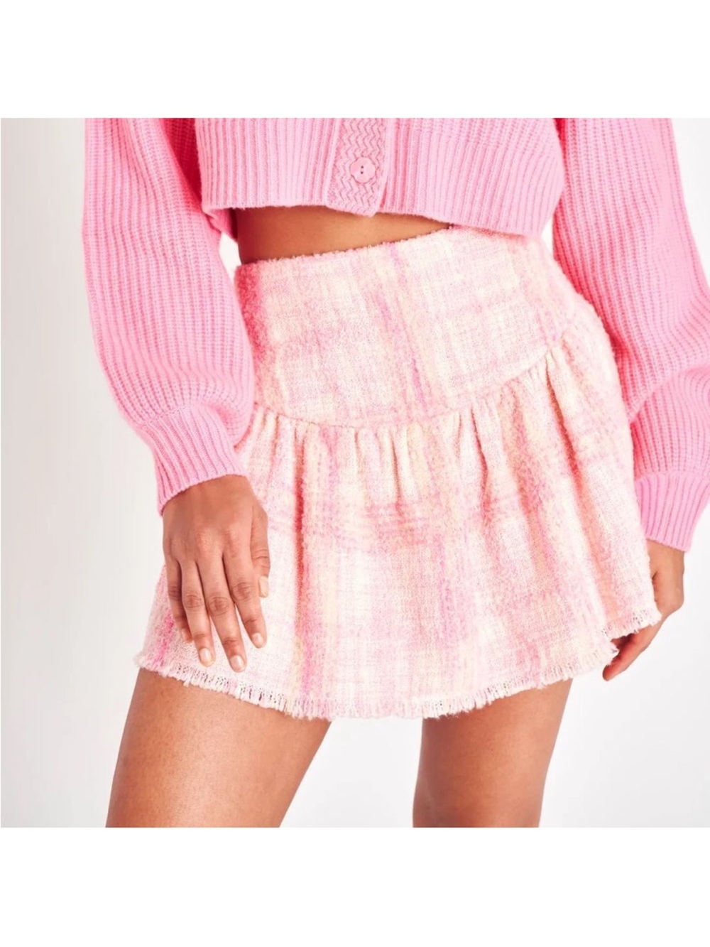 LoveShackFancy Pink Tweed Ruffled Mini Skirt